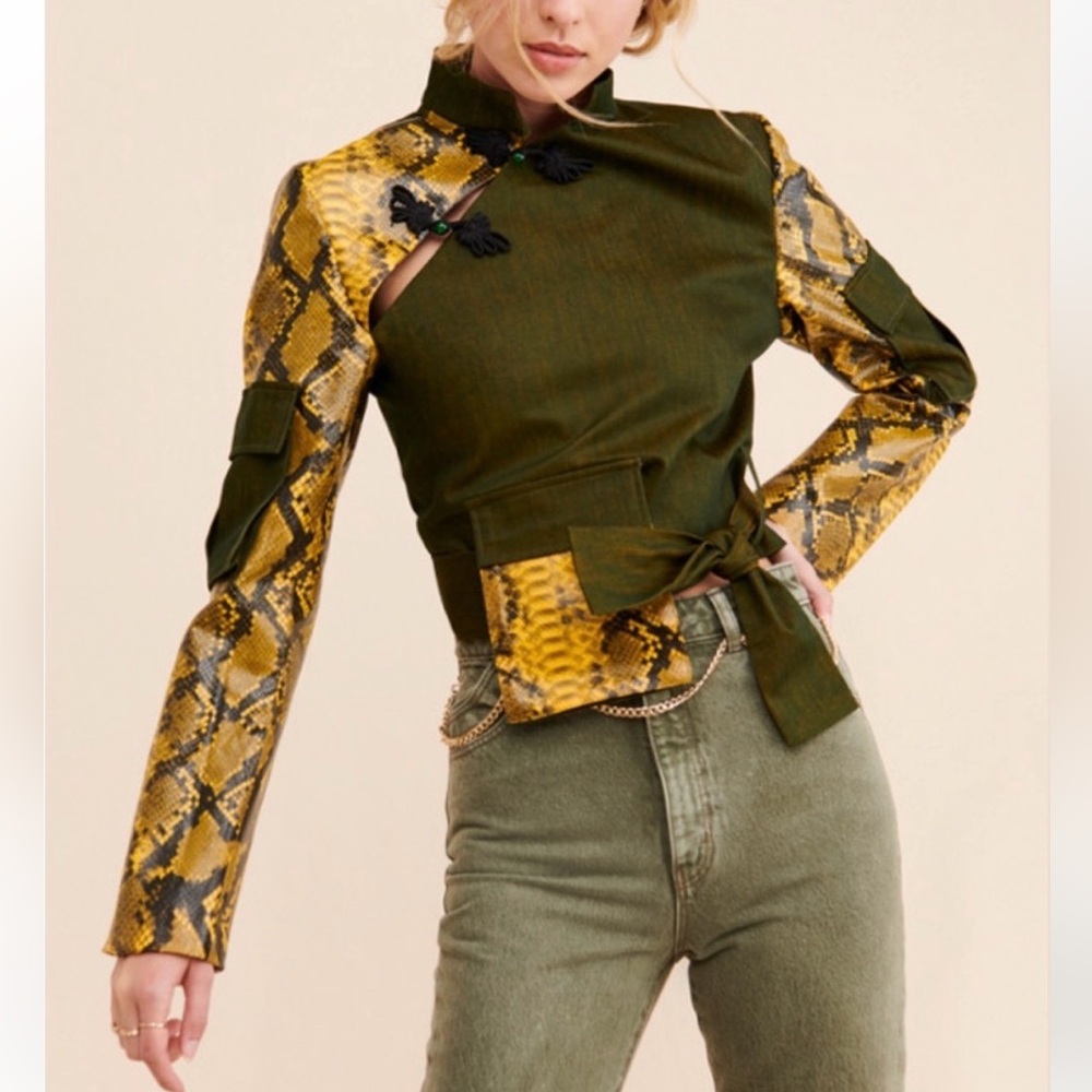 Kim Shui x Free People Cargo Snakeskin Embossed Cropped Jacket Top Green/Yellow